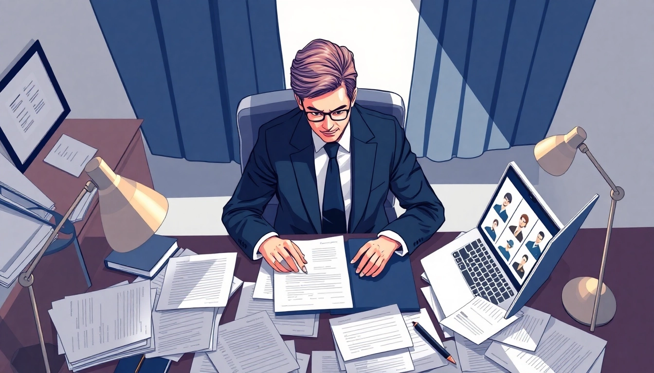 Headhunter engaging with candidate profiles while seated at a stylish desk.