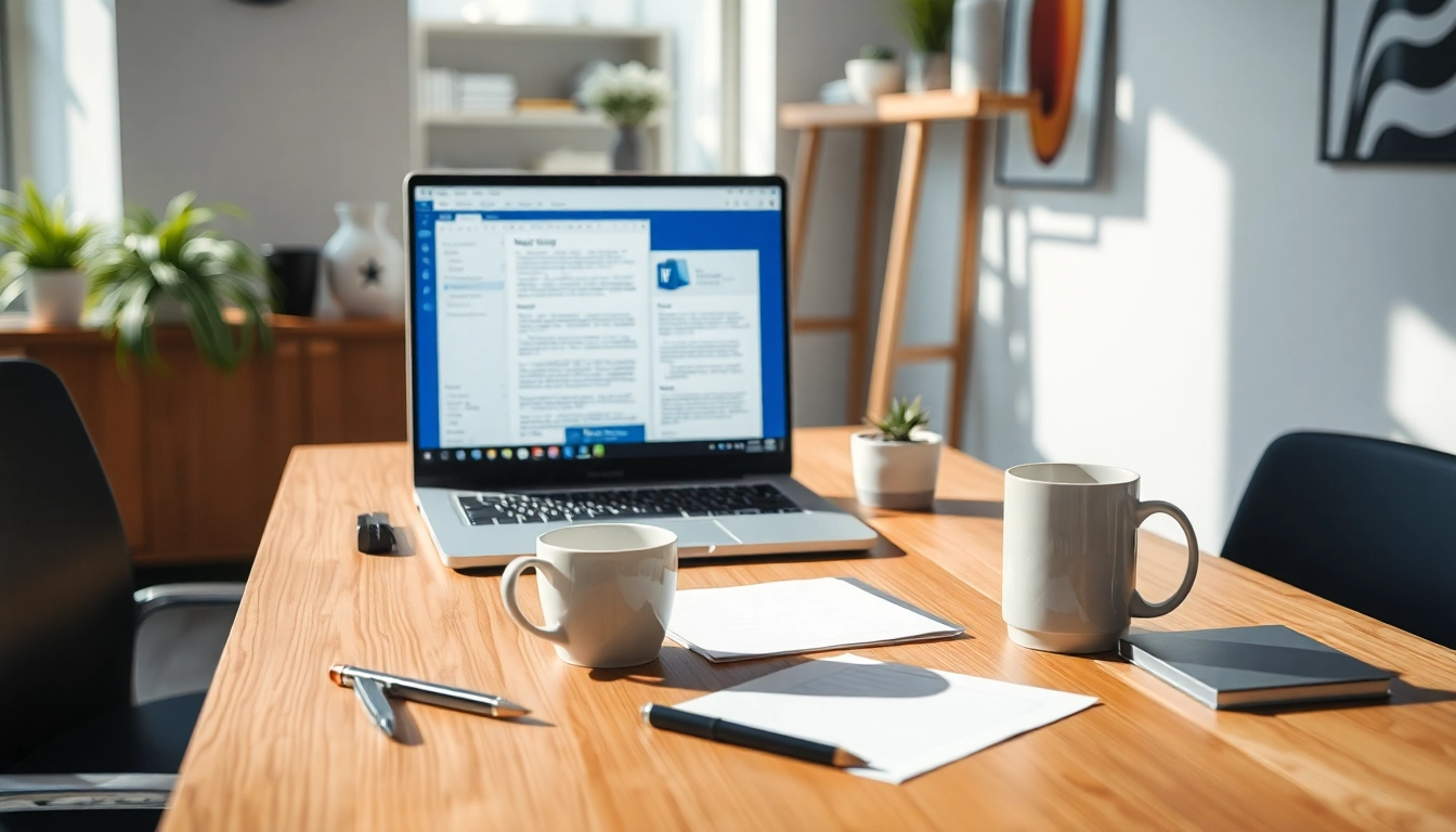 Nutze Microsoft Office für PC auf einem modernen Schreibtisch mit Laptop und Schreibutensilien.