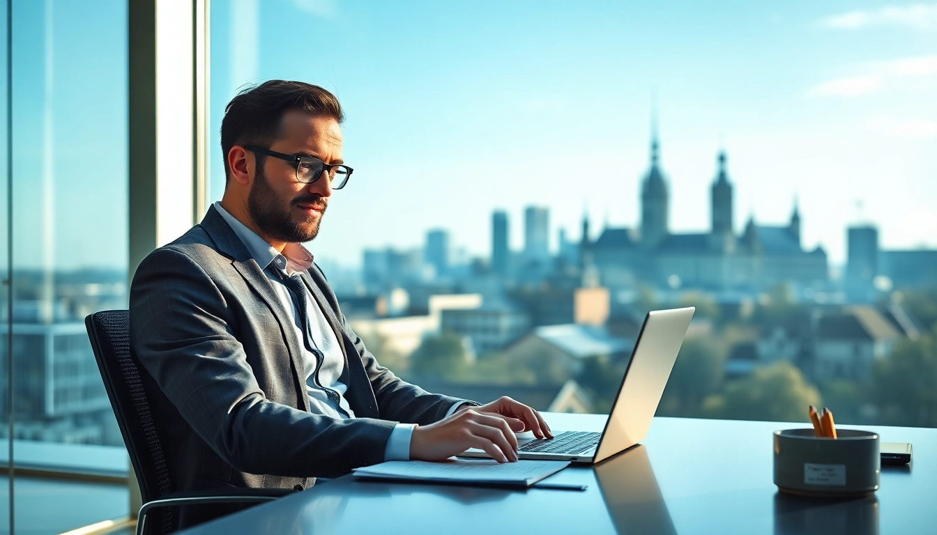 Headhunter Wolfsburg beim Arbeiten im modernen Büro mit Wolfsburg-Silhouette.