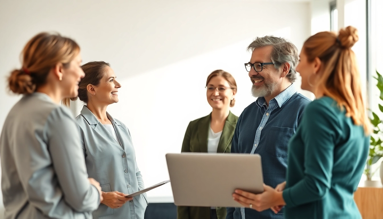 Headhunter Pflegekräfte, der mit Pflegekräften in einem modernen Büro kommuniziert.