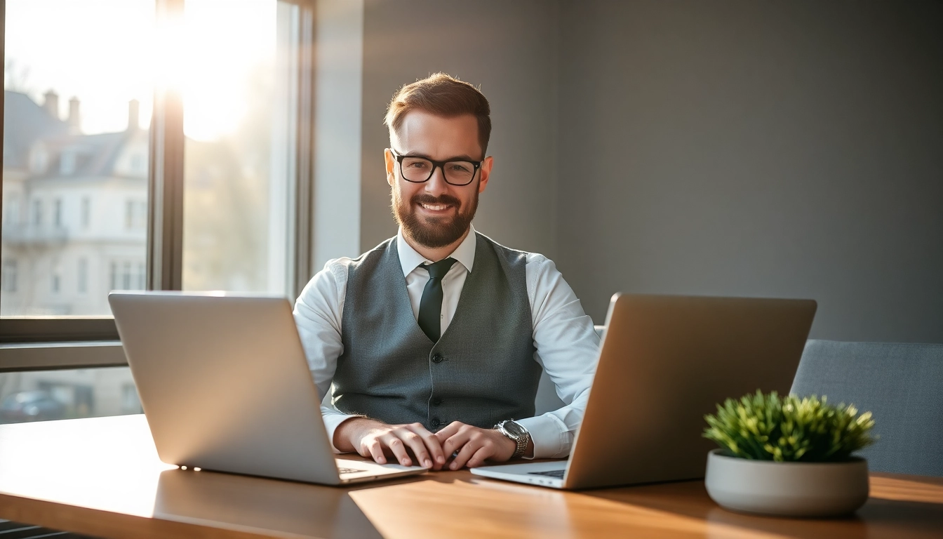 Professioneller Headhunter Mühlheim arbeitet an einem Laptop in einem modernen Büro.