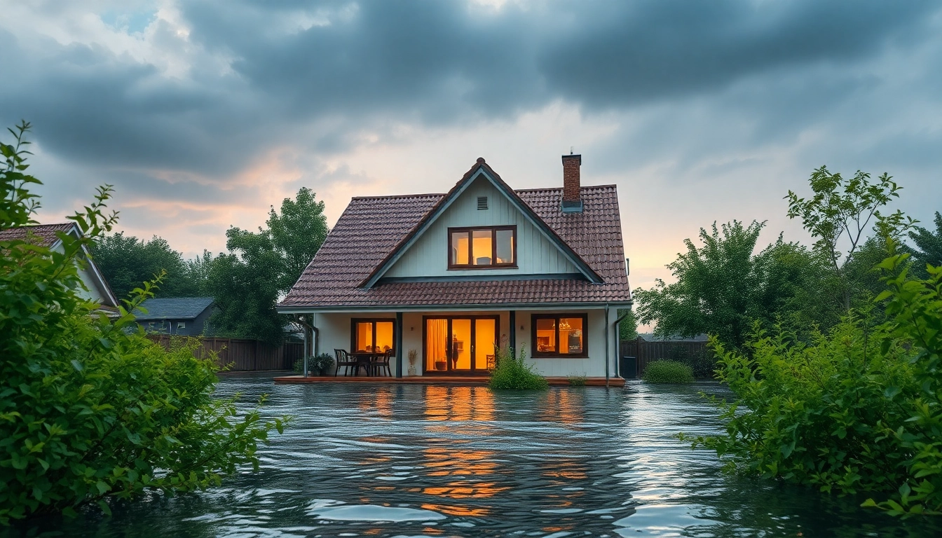 Haus mit innovativem Schutz vor Hochwasser, umgeben von Pflanzen und wasserabweisenden Materialien.
