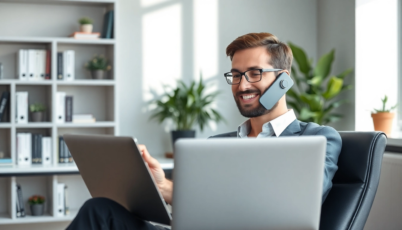 Headhunter IT im modernen Büro, der mit einem Kandidaten telefoniert.