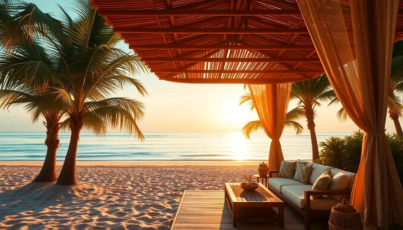 Experience relaxation at the coastal cabana, featuring a stunning sunset and palm trees.