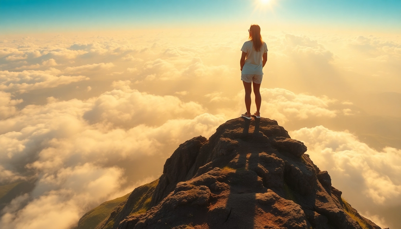 Fördern Sie coaching in Lebenskrisen, indem Sie neuen Mut im Bild eines auf dem Gipfel stehenden Menschen zeigen, der weit in die Landschaft blickt.