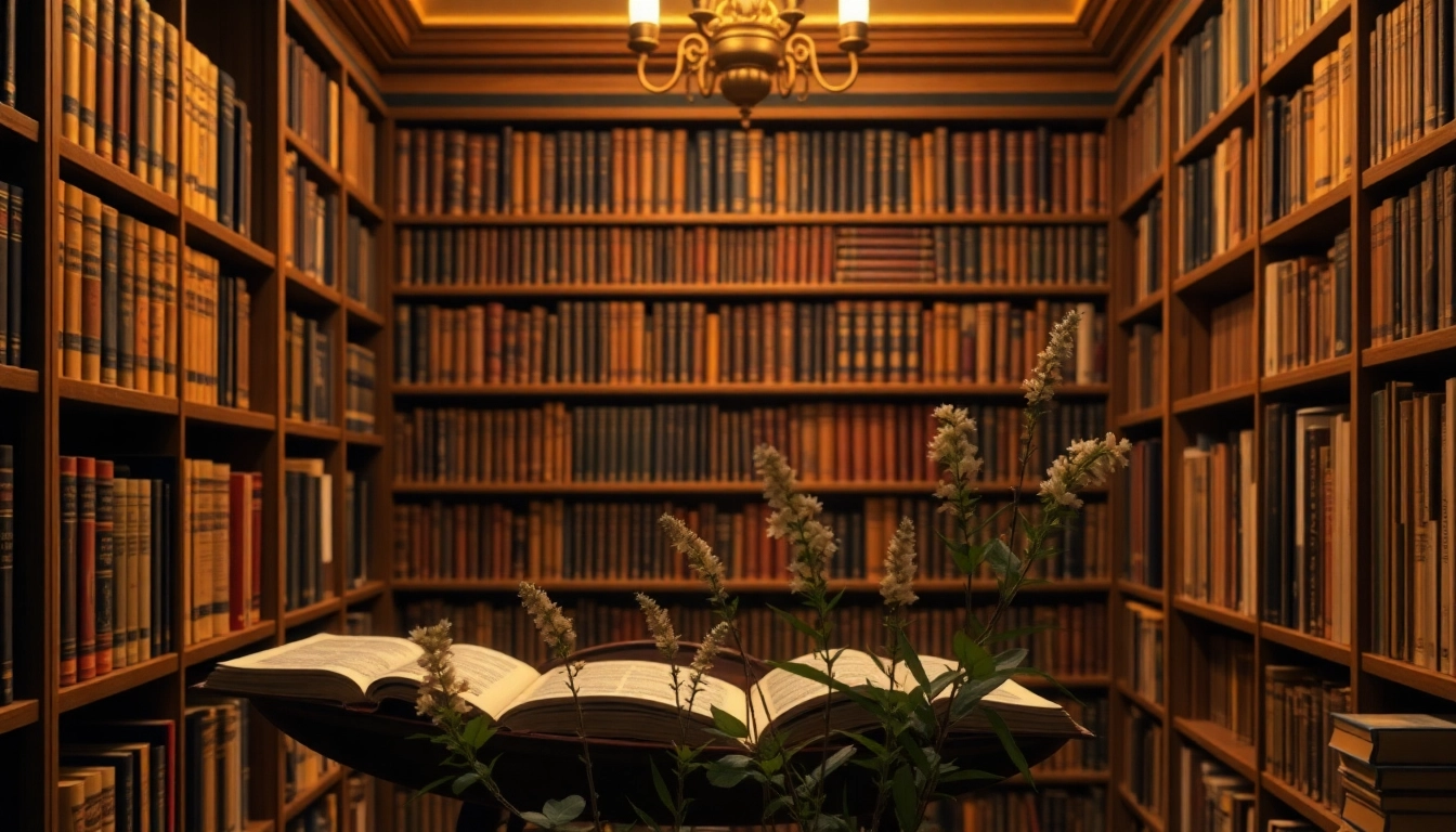 Erkunde berühmte gedichte in einer romantisch beleuchteten Bibliothek mit alten Büchern.