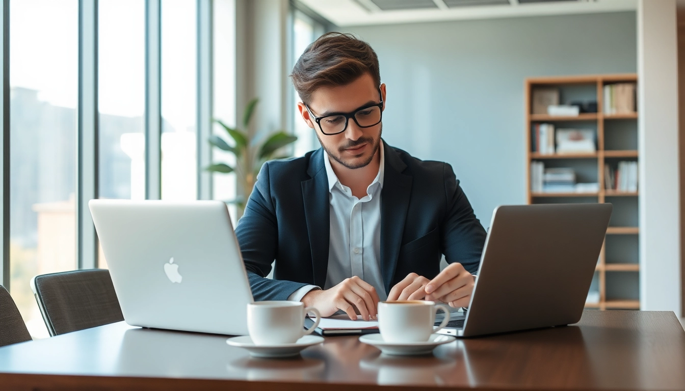 Headhunter IT bei der Arbeit in einem modernen Büro mit Laptop und Notizen.