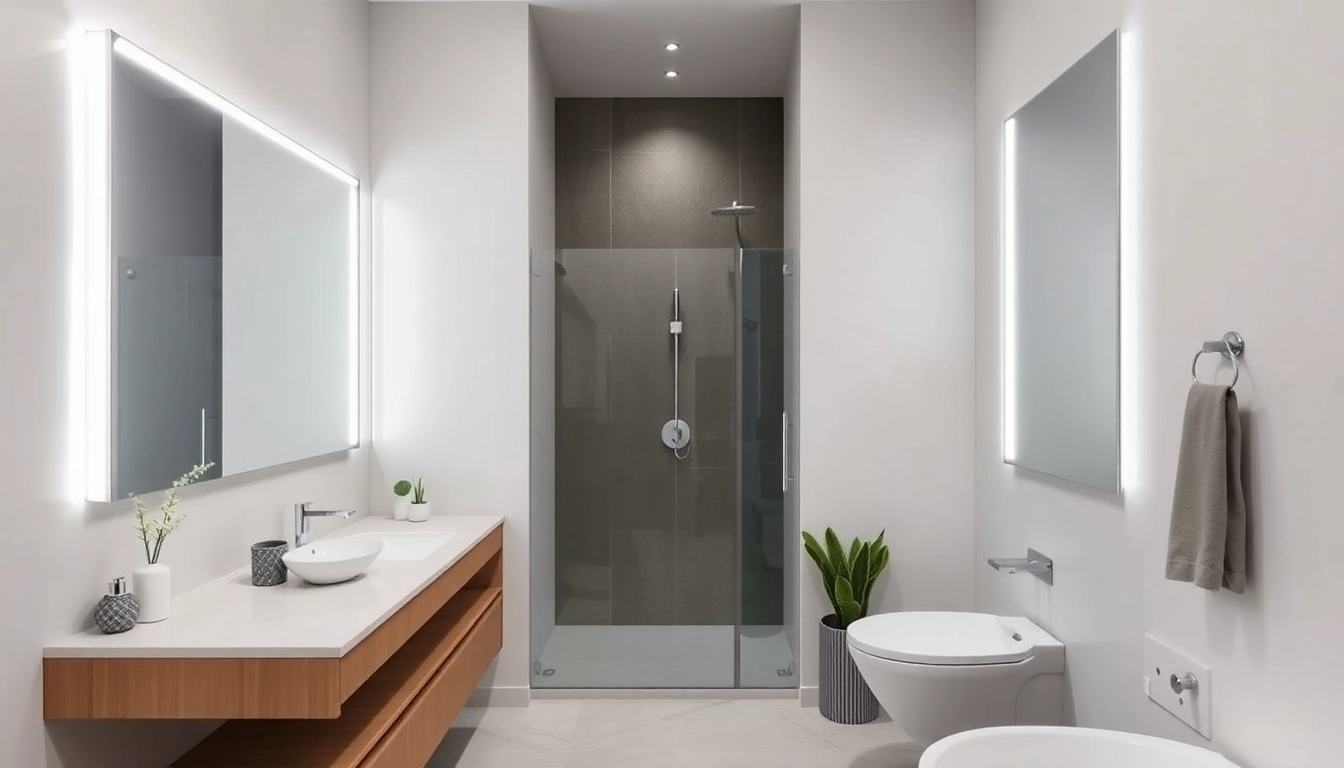 Eleganter spiegelschrank mit led Beleuchtung im modernen Badezimmer, der warmes Licht und große Spiegelanziehung bietet.