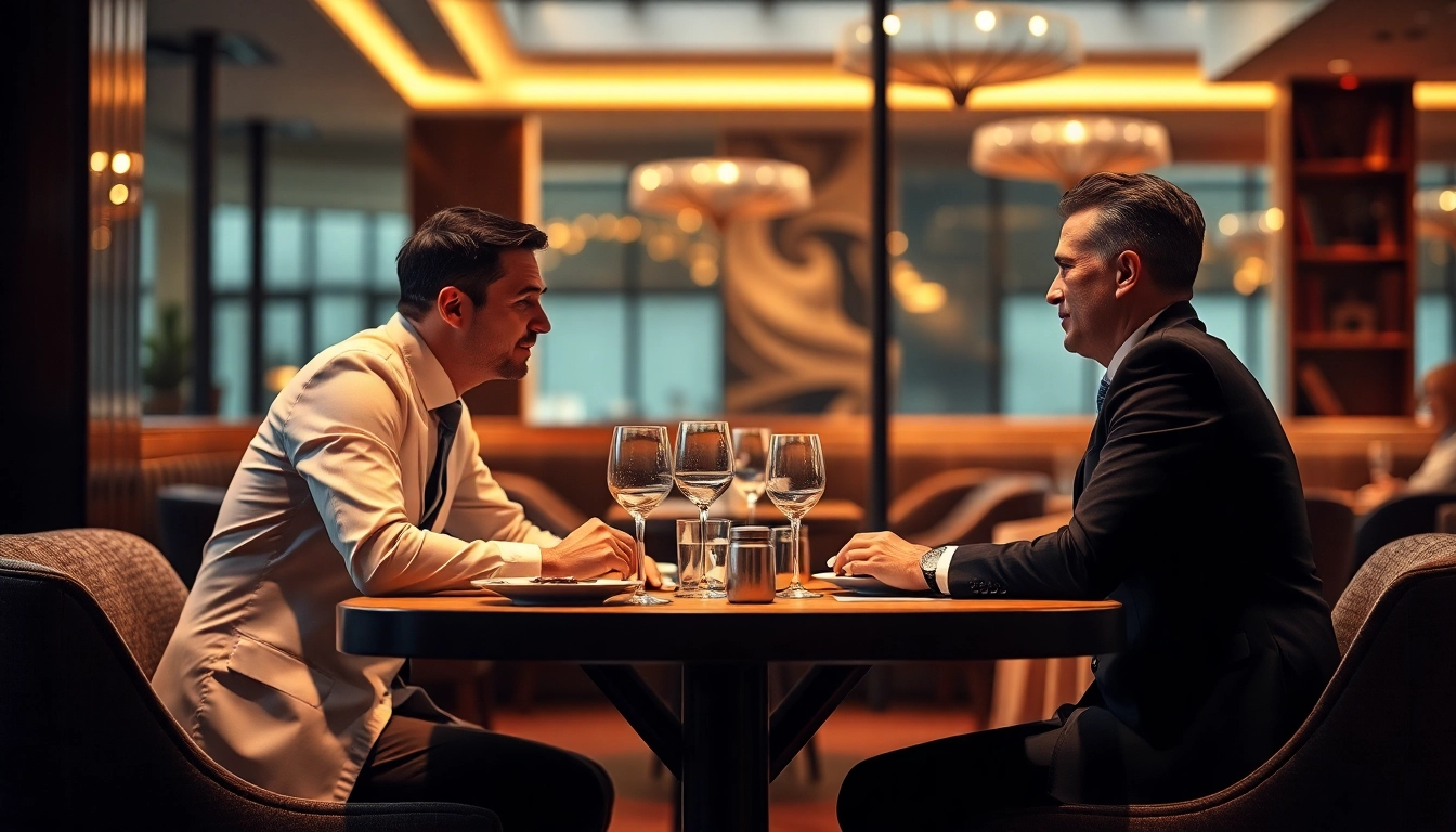 Interaktion zwischen einem Headhunter Gastronomie und einem Gastronomie-Professional in einem eleganten Restaurant.