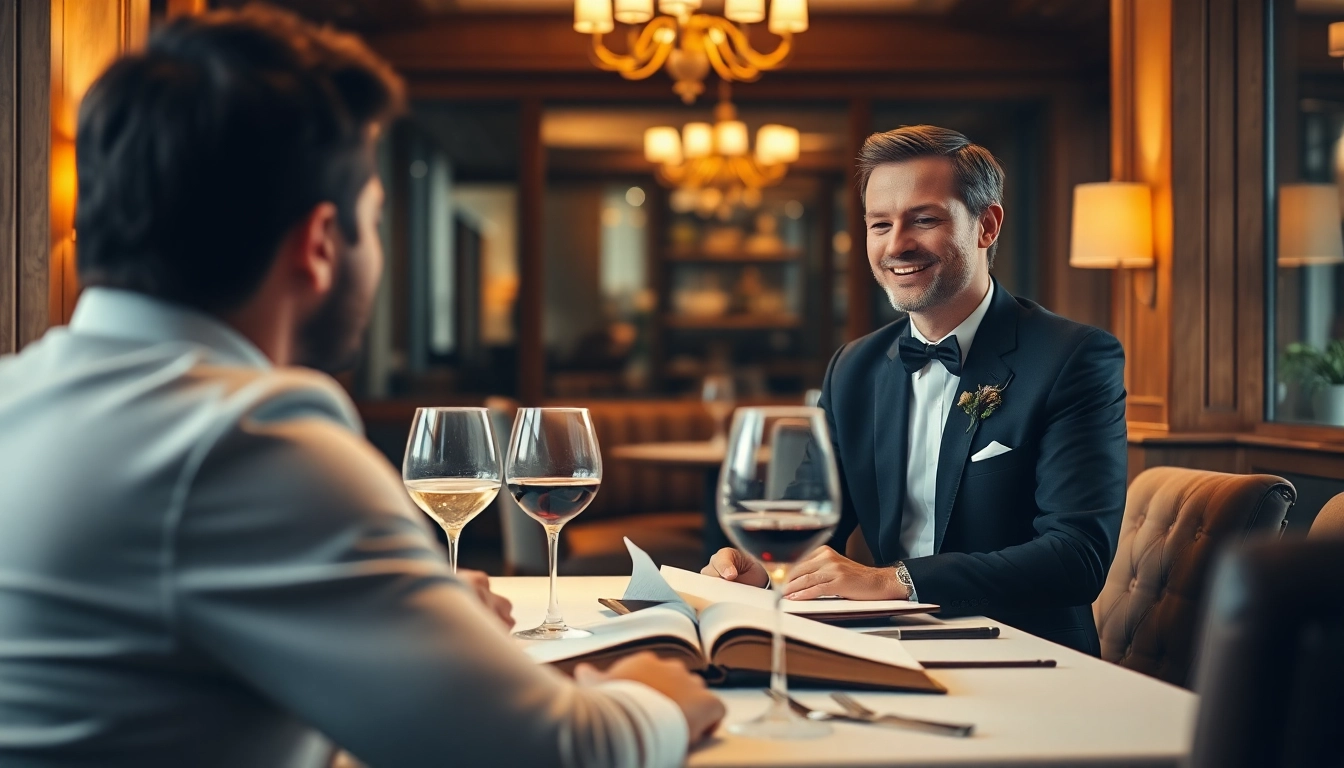 Interaktion zwischen einem Headhunter Gastronomie und einem Bewerber in einem eleganten Restaurant.