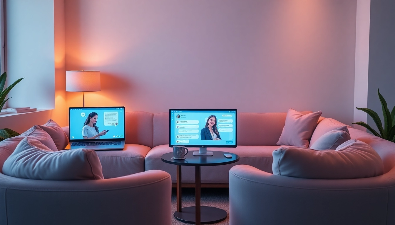 Engaging visual showcasing a modern lounge with AI chat interfaces for free sex ai interactions.