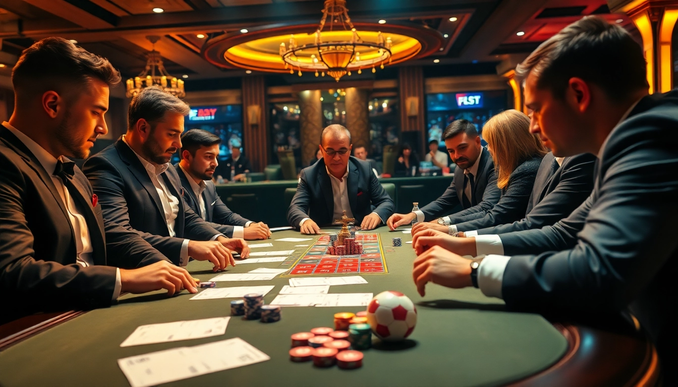 Engaging scene of tỷ lệ cá cược bóng đá at a vibrant casino table with players in action.