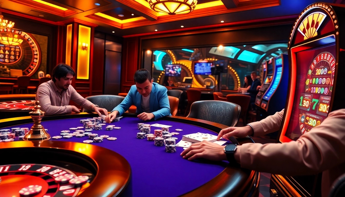 Engaging poker scene at uu88 com showcasing vibrant gambling atmosphere with colorful chips and cards.