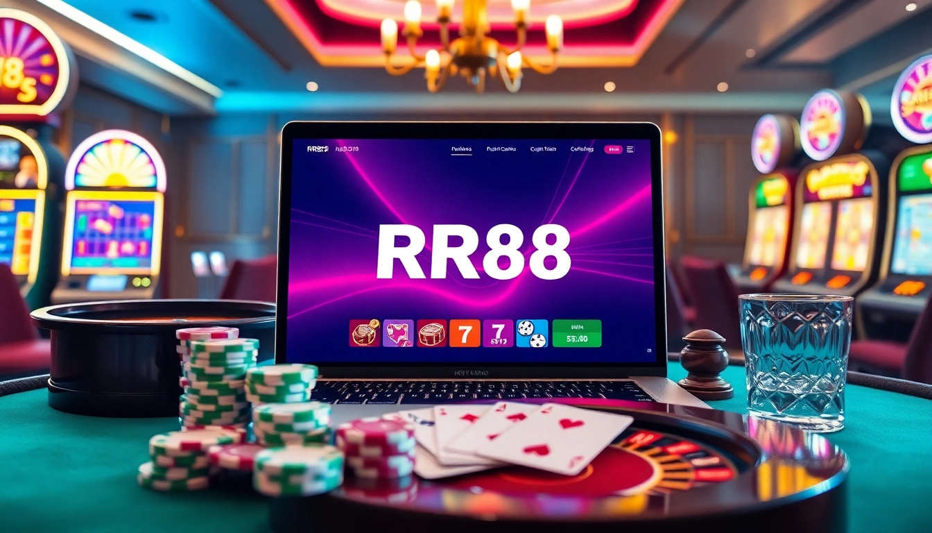 Gambling excitement at RR88 with poker chips and roulette wheel on an elegant interface.