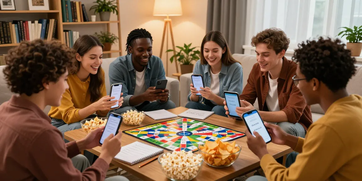 Freunde testen ihr Quiz Allgemeinwissen in einem gemütlichen Wohnzimmer mit Snacks und Notizen.