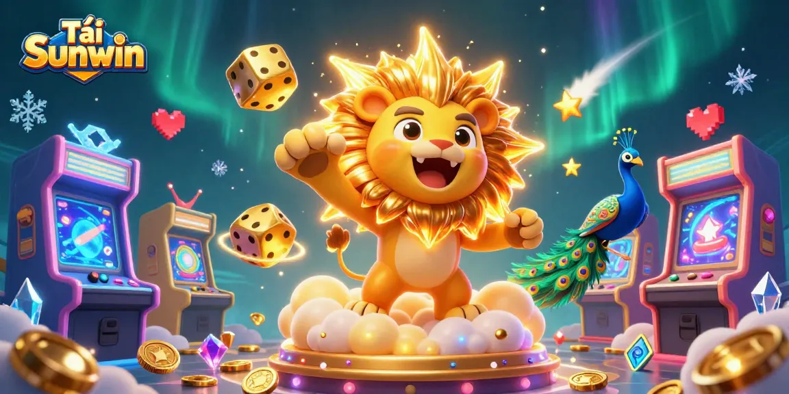 Experience Tải Sunwin with a 3D cartoon sun lion roaring triumphantly accompanied by dazzling game icons.