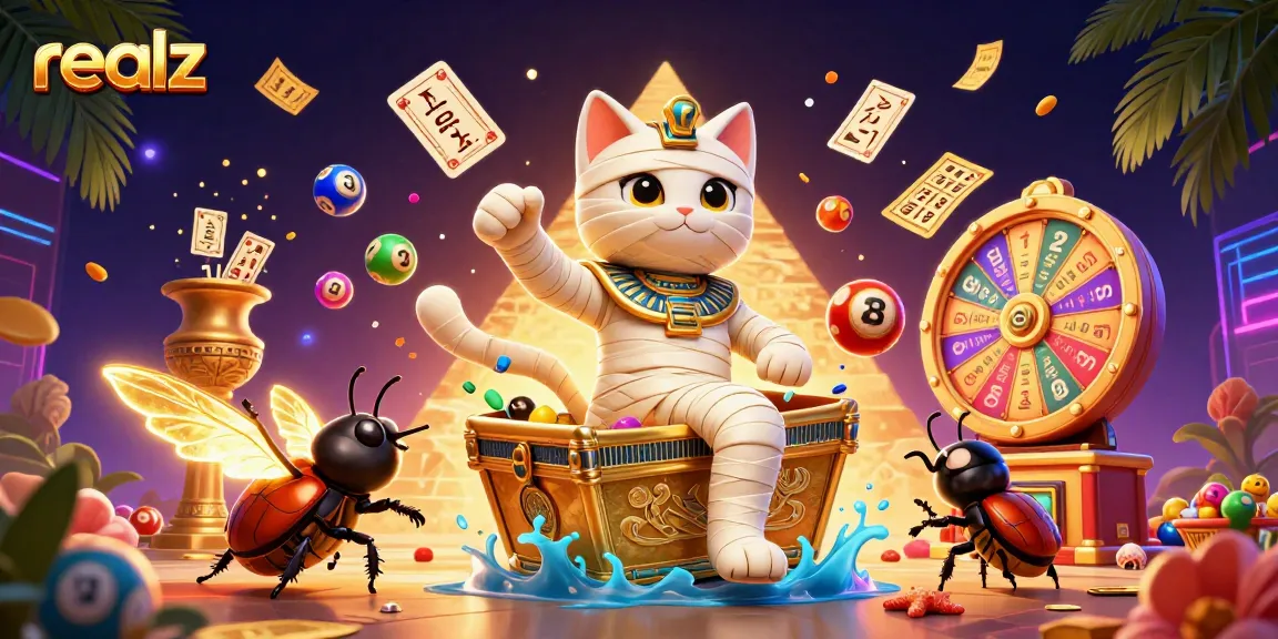 Experience thrilling wins with realz as a mummy cat bursts from a golden sarcophagus in an exciting casino scene.