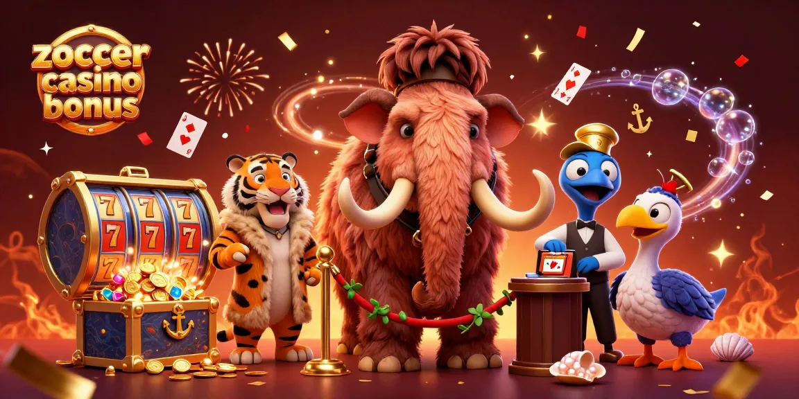 Zoccer casino bonus celebration with a woolly mammoth bouncer and a saber-tooth tiger guest in a vibrant casino scene.