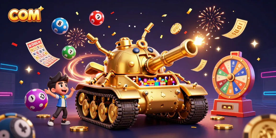 Engaging casino scene with a golden beetle tank revealing tiny patrons and lively lottery activities at com.