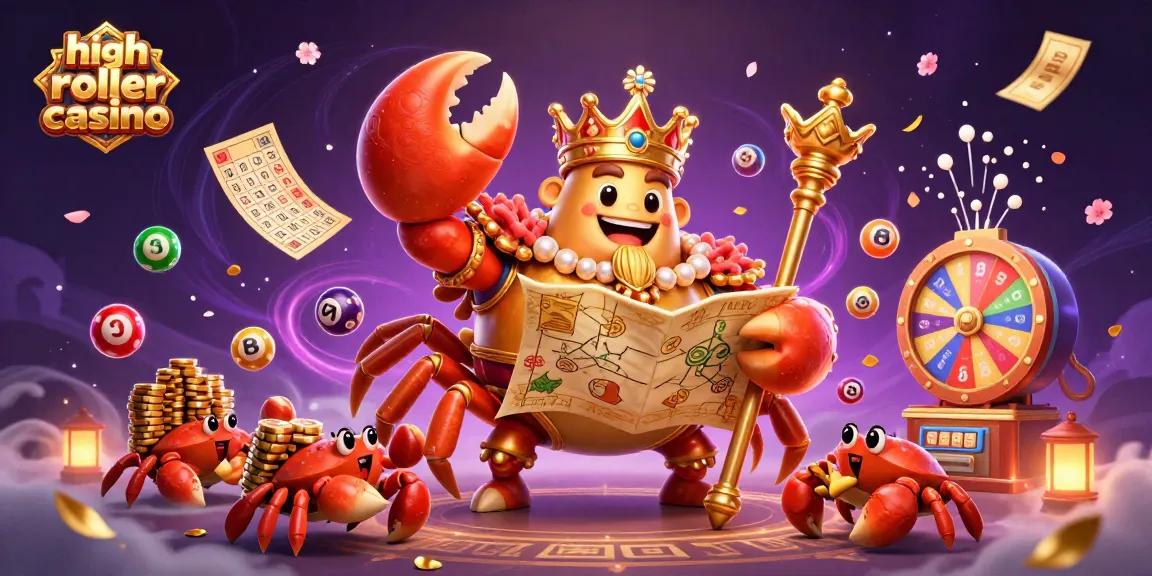 Engage with the high roller casino experience, featuring a lavish golden crab emperor among vibrant gaming elements.